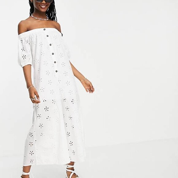 ASOS DESIGN Women's off shoulder puff sleeve button front jumpsuit - Picture 1 of 6
